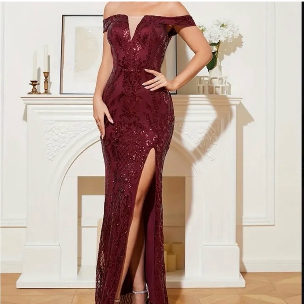 Sparkly Burgundy Off-the-Shoulder Gown